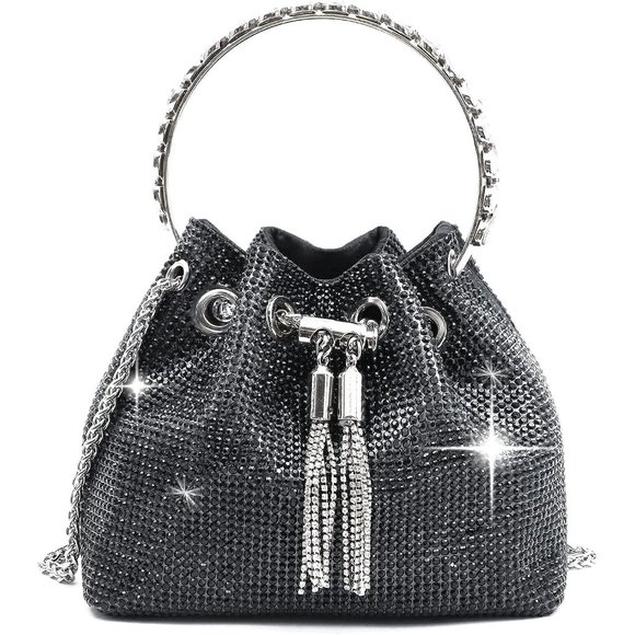 Women Silver Rhinestone Luxury Diamond Shining Chain Crossbody Bucket Bling Bag - Picture 1 of 5